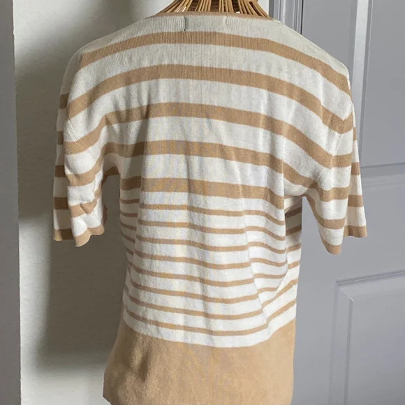 Women's STUDIO Tan Cream Striped Short Sleeve Cardigan M - Picture 2 of 4